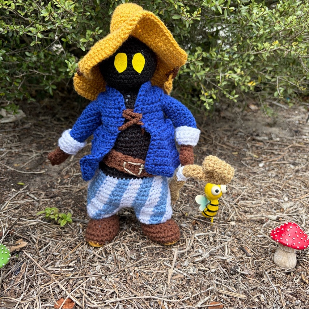 Handmade Crochet Fantasy Doll in Yellow Hat and Blue Jacket